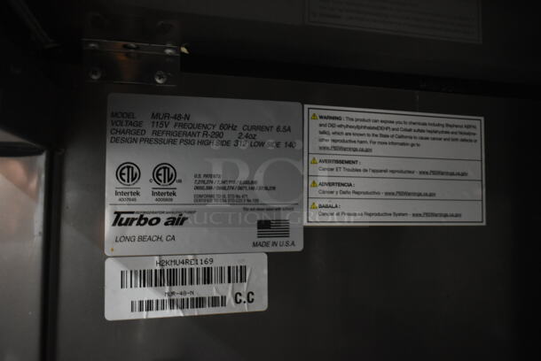 Turbo Air MUR-48-N Stainless Steel Commercial 2 Door Undercounter Cooler. 115 Volts, 1 Phase. Tested and Working! - Image 5 of 5
