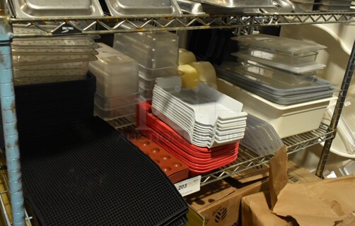 ALL ONE MONEY! Tier Lot of Various Items Including Bar Mats, Poly Drop In Bins, Lids and 24 Well Baking Forms. 