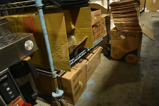 ALL ONE MONEY! Lot of 7 Boxes of Various Paper Products Including Clear Lids, Dome Lids, Clear Poly Beverage Tumblers and Brown Paper Bags. - Image 1 of 12