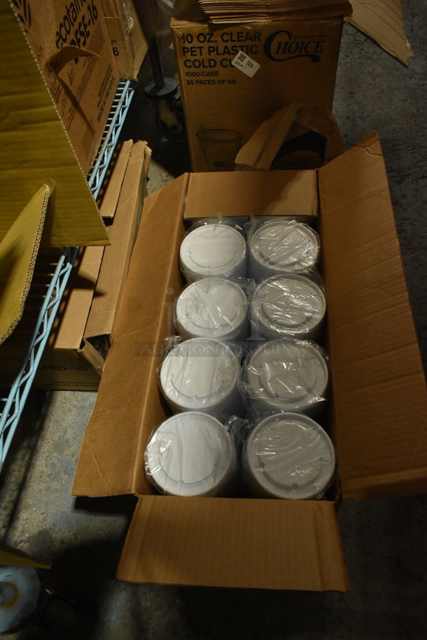 ALL ONE MONEY! Lot of 7 Boxes of Various Paper Products Including Clear Lids, Dome Lids, Clear Poly Beverage Tumblers and Brown Paper Bags. - Image 2 of 12
