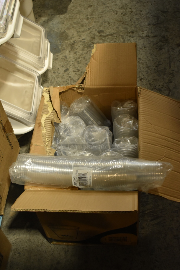 ALL ONE MONEY! Lot of 7 Boxes of Various Paper Products Including Clear Lids, Dome Lids, Clear Poly Beverage Tumblers and Brown Paper Bags. - Image 7 of 12