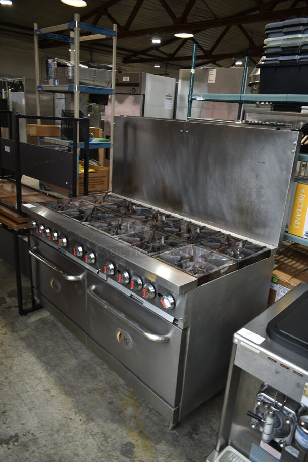 Cooking Performance Group CPG 351S60N Stainless Steel Commercial Natural Gas Powered 10 Burner Range w/ 2 Ovens, Over Shelf and Back Splash. 360,000 BTU.  - Image 1 of 9