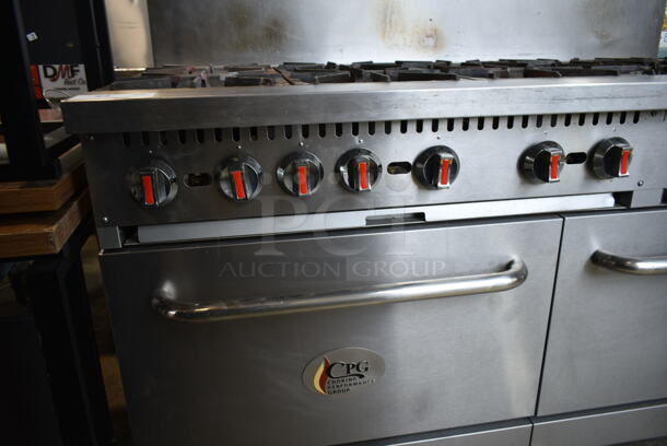Cooking Performance Group CPG 351S60N Stainless Steel Commercial Natural Gas Powered 10 Burner Range w/ 2 Ovens, Over Shelf and Back Splash. 360,000 BTU.  - Image 2 of 9