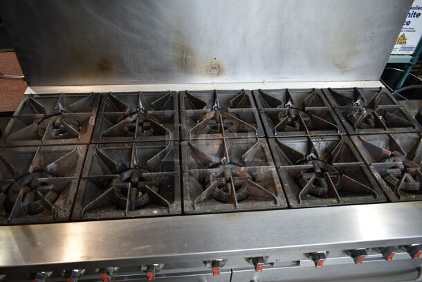 Cooking Performance Group CPG 351S60N Stainless Steel Commercial Natural Gas Powered 10 Burner Range w/ 2 Ovens, Over Shelf and Back Splash. 360,000 BTU.  - Image 3 of 9
