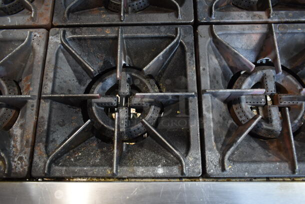 Cooking Performance Group CPG 351S60N Stainless Steel Commercial Natural Gas Powered 10 Burner Range w/ 2 Ovens, Over Shelf and Back Splash. 360,000 BTU.  - Image 4 of 9