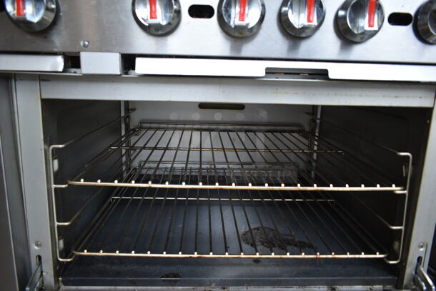 Cooking Performance Group CPG 351S60N Stainless Steel Commercial Natural Gas Powered 10 Burner Range w/ 2 Ovens, Over Shelf and Back Splash. 360,000 BTU.  - Image 5 of 9
