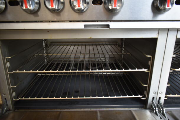 Cooking Performance Group CPG 351S60N Stainless Steel Commercial Natural Gas Powered 10 Burner Range w/ 2 Ovens, Over Shelf and Back Splash. 360,000 BTU.  - Image 6 of 9
