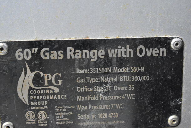 Cooking Performance Group CPG 351S60N Stainless Steel Commercial Natural Gas Powered 10 Burner Range w/ 2 Ovens, Over Shelf and Back Splash. 360,000 BTU.  - Image 9 of 9