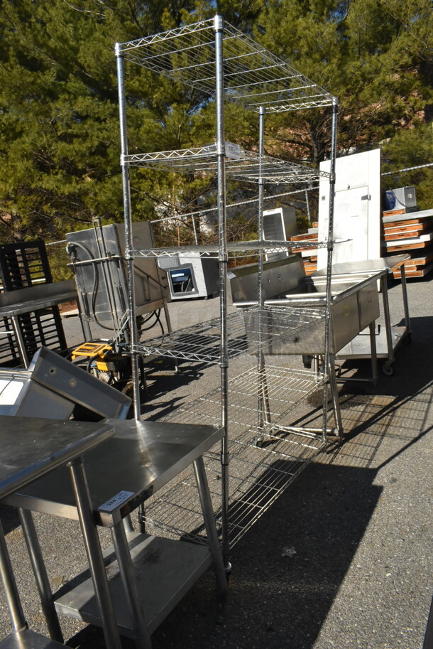 Chrome Finish 6 Tier Wire Shelving Unit on Commercial Casters. Missing 1 Caster. BUYER MUST DISMANTLE. PCI CANNOT DISMANTLE FOR SHIPPING. PLEASE CONSIDER FREIGHT CHARGES. - Image 1 of 2