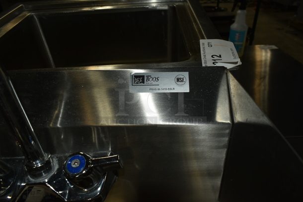 John Boos PBHS-W-1410-SSLR Stainless Steel Commercial Single Bay Wall Mount Sink w/ Faucet, Handles and Side Splash Guards.  - Image 4 of 4