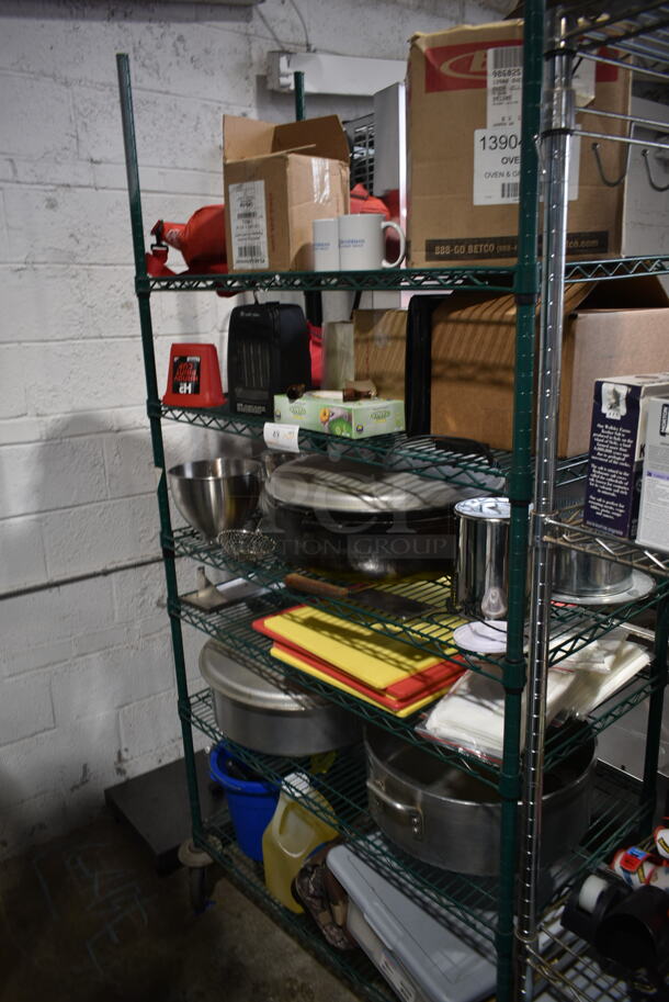 ALL ONE MONEY! Metro Lot of Various Items Including Cutting Boards, Metal Stock Pots, Mugs, Heater and Cleaner. Does Not Include Shelving Unit.  - Image 1 of 12