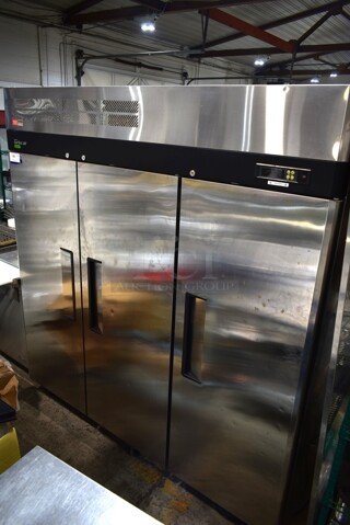 Turbo Air M3F72-3-N Stainless Steel Commercial 3 Door Reach In Freezer w/ Poly Coated Racks on Commercial Casters. 115 Volts, 1 Phase. Tested and Working!