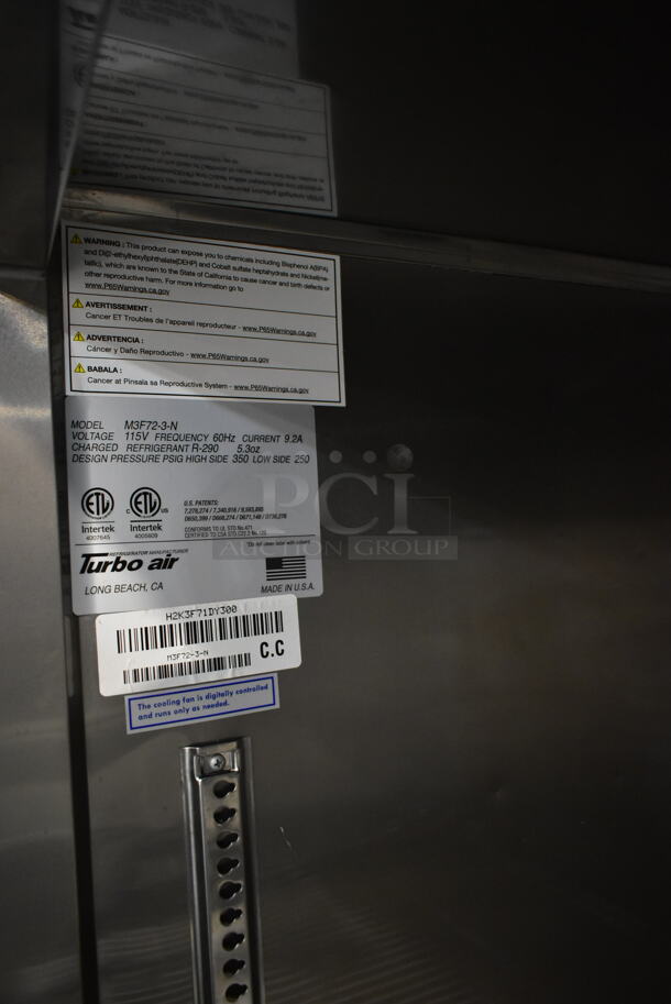 Turbo Air M3F72-3-N Stainless Steel Commercial 3 Door Reach In Freezer w/ Poly Coated Racks on Commercial Casters. 115 Volts, 1 Phase. Tested and Working! - Image 8 of 8