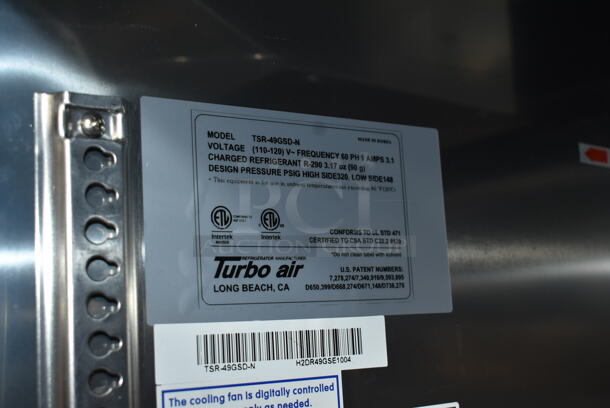 Turbo Air TSR-49GSD-N Stainless Steel Commercial 2 Door Reach In Cooler Merchandiser w/ Poly Coated Racks on Commercial Casters. 110-120 Volts, 1 Phase. Tested and Working! - Image 4 of 4