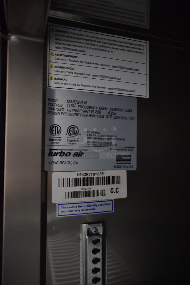 Turbo Air M3R72-3-N Stainless Steel Commercial 3 Door Reach In Cooler w/ Poly Coated Racks on Commercial Casters. 115 Volts, 1 Phase. Tested and Working! - Image 6 of 6