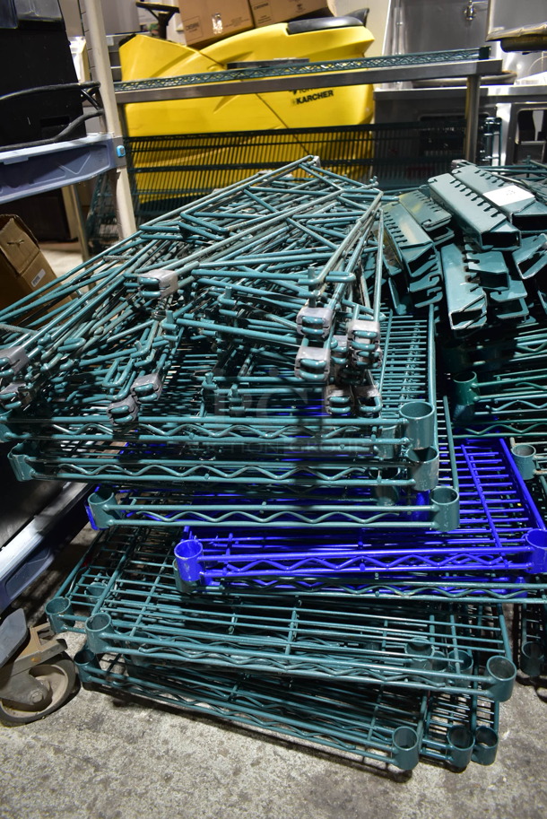 ALL ONE MONEY! Lot of Green Finish Wire Shelves and Brackets, and One Blue Finish Wire Shelf.  - Image 3 of 6