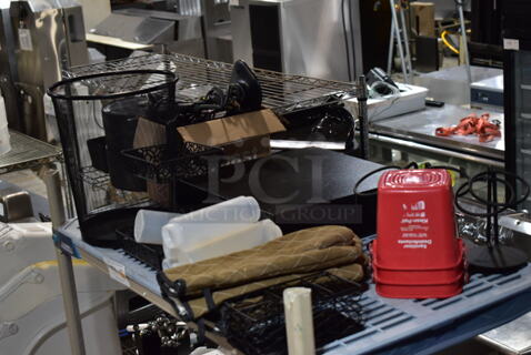 ALL ONE MONEY! Tier Lot of Various Items Including Cash Drawer, Red Poly Buckets, Oven Mitts and Black Wire Trash Can