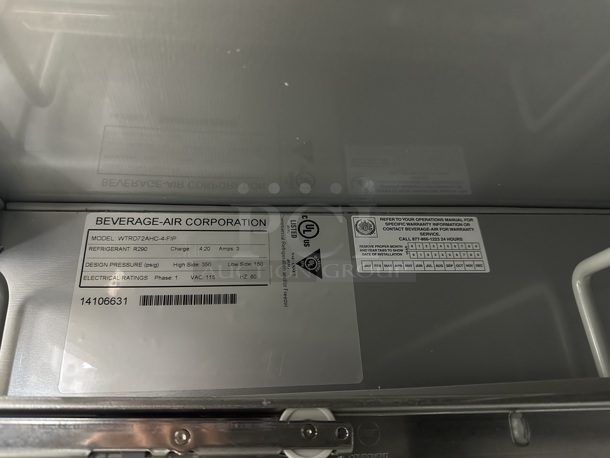 LIKE NEW! Beverage Air WTRD72AHC-4-FIP Stainless Steel Commercial Work Top Cooler w/ Door and 4 Drawers on Commercial Casters. 115 Volts, 1 Phase. Tested and Working! - Image 9 of 9