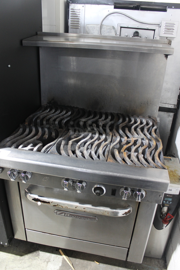 Southbend 4362D Stainless Steel Commercial Natural Gas Powered 6 Burner Range w/ Oven, Over Shelf and Back Splash. 162,000 BTU. - Image 1 of 7