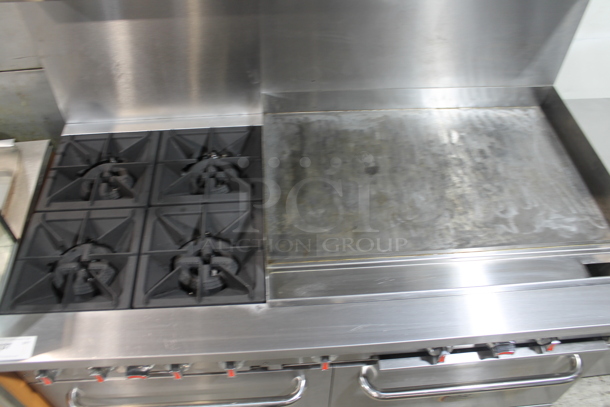 Cooking Performance Group CPG 351S60G36N Stainless Steel Commercial Natural Gas Powered 4 Burner Range w/ Flat Top Griddle, 2 Ovens, Over Shelf and Back Splash. 240,000 BTU.  - Image 2 of 7