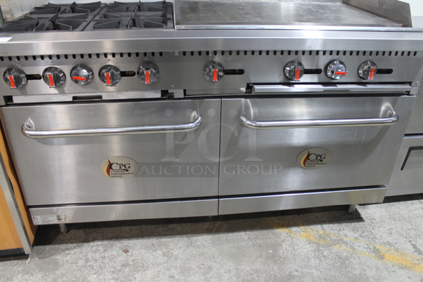 Cooking Performance Group CPG 351S60G36N Stainless Steel Commercial Natural Gas Powered 4 Burner Range w/ Flat Top Griddle, 2 Ovens, Over Shelf and Back Splash. 240,000 BTU.  - Image 4 of 7