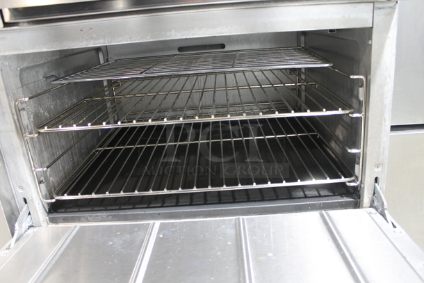 Cooking Performance Group CPG 351S60G36N Stainless Steel Commercial Natural Gas Powered 4 Burner Range w/ Flat Top Griddle, 2 Ovens, Over Shelf and Back Splash. 240,000 BTU.  - Image 7 of 7