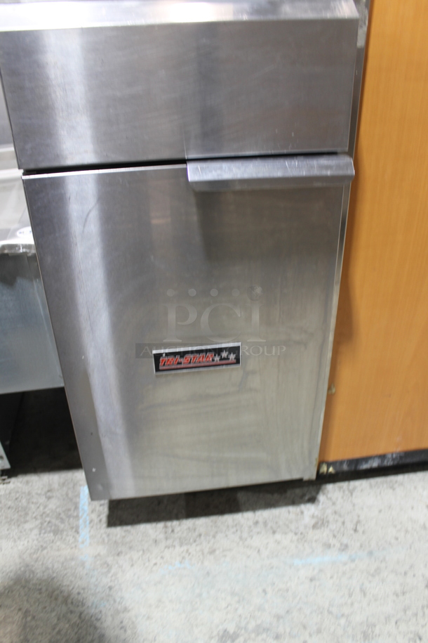 Tri-Star Stainless Steel Commercial Floor Style Natural Gas Powered Deep Fat Fryer w/ 1 Metal Fry Basket.  - Image 3 of 5