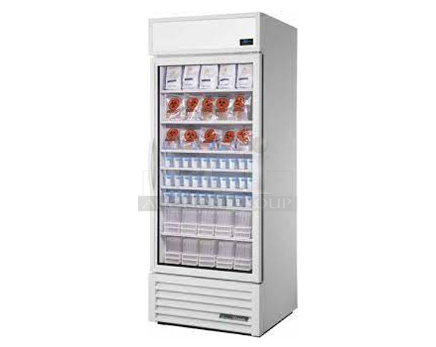 BRAND NEW SCRATCH AND DENT! 2023 True TSCI-600R-G-PH Metal Commercial Single Door Reach In Cooler Merchandiser w/ Commercial Casters. 115 Volts, 1 Phase. Tested and Working! - Image 1 of 6