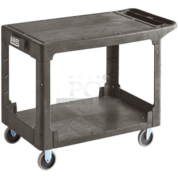 BRAND NEW SCRATCH AND DENT! Lavex 475UCLG2FTBK Large Black 2-Shelf Utility Cart with Flat Top and Built-In Tool Compartment - 44" x 25 1/4" x 32 1/4" - Image 1 of 3