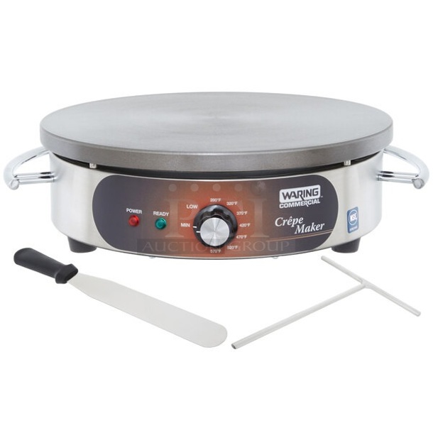 BRAND NEW SCRATCH AND DENT! Waring WSC165BX Stainless Steel Commercial 16" Round Crepe Maker w/ Crepe Spatula and Batter Spreader. 208/240 Volts, 1 Phase.  - Image 1 of 11