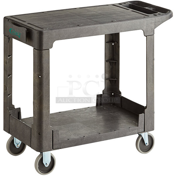 BRAND NEW SCRATCH AND DENT! Choice 475UCSM2FTCH Medium Black 2-Shelf Utility Cart with Flat Top and Built-In Tool Compartment - 38" x 18 3/4" x 32 1/4" - Image 1 of 7