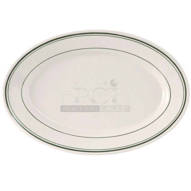 BRAND NEW SCRATCH AND DENT! Tuxton TGB-012 Green Bay 10 1/2" x 7 3/8" Eggshell Wide Rim Rolled Edge Oval China Platter with Green Bands - 24/Case - Image 1 of 3