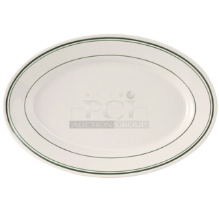 BRAND NEW SCRATCH AND DENT! Tuxton TGB-012 Green Bay 10 1/2" x 7 3/8" Eggshell Wide Rim Rolled Edge Oval China Platter with Green Bands - 24/Case