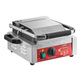 BRAND NEW SCRATCH AND DENT! 2023 Avantco 177PG100T Commercial Panini Sandwich Grill with Timer, Grooved Plates, and 8 1/2" x 8 1/2" Cooking Surface. 120 Volts, 1 Phase. Tested and Working!