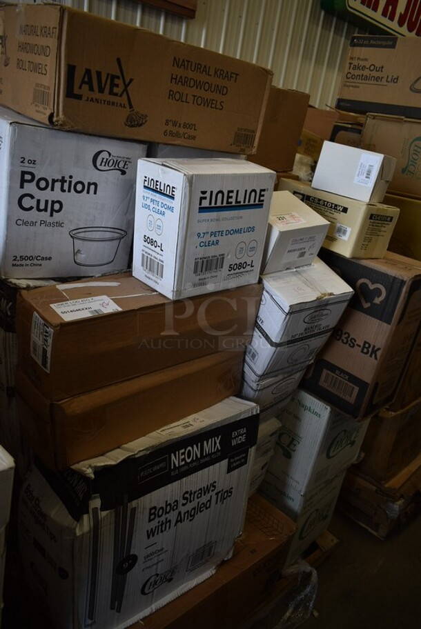PALLET LOT of 38 BRAND NEW! Boxes Including 2001RT800N Lavex Hardwound Towels, 5080-L Fineline 5080-L Super Bowl Clear PET Plastic Dome Lid for 64 to 80 oz. Bowls - 25/Case, Choice 2 oz Portion Cups, 5014046XXH Lavex Pro 45 Gallon 3 Mil 40" x 46" Low Density Heavy-Duty Industrial Contractor Black Trash Bag / Can Liner - 50/Case, 485WB9NEONW Choice 9" Neon Extra Wide Pointed Wrapped Boba Straw - 1600/Case, 2 Box 347RPBD10BNG PLATE 10" BN/GLD BAND 120 GOLD VISIONS, 2 Box 130WKNIFE Choice 6 1/2" Medium Weight White Plastic Knife - 1000/Case, 2 Box 966TALLFLDB Choice White Tall-Fold 6" x 13" Dispenser Napkin - 8000/Case, CS-6101-W  20 oz. White Siciliano Bowl - 12/Case, 55035132574 Glisten 11.25 oz. Matte Black Longdrink / Collins Glass - 6/Pack, 8 Box 130SERVSP8BK Choice 8 1/2" Black Disposable Plastic Serving Spoon - 72/Case, 2 Box 612LOB15SHCO Choice 1 1/2 lb. Shallow Oblong Foil Container with Board Lid - 250/Case, 4 Box Choice 0.75 oz Portion Cups, 2 Box Bakers Mark 4 oz Round Foil Ramekins. 38 Times Your Bid! - Image 1 of 12