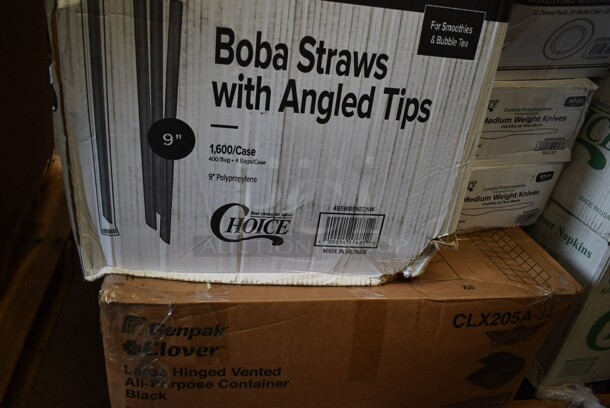 PALLET LOT of 38 BRAND NEW! Boxes Including 2001RT800N Lavex Hardwound Towels, 5080-L Fineline 5080-L Super Bowl Clear PET Plastic Dome Lid for 64 to 80 oz. Bowls - 25/Case, Choice 2 oz Portion Cups, 5014046XXH Lavex Pro 45 Gallon 3 Mil 40" x 46" Low Density Heavy-Duty Industrial Contractor Black Trash Bag / Can Liner - 50/Case, 485WB9NEONW Choice 9" Neon Extra Wide Pointed Wrapped Boba Straw - 1600/Case, 2 Box 347RPBD10BNG PLATE 10" BN/GLD BAND 120 GOLD VISIONS, 2 Box 130WKNIFE Choice 6 1/2" Medium Weight White Plastic Knife - 1000/Case, 2 Box 966TALLFLDB Choice White Tall-Fold 6" x 13" Dispenser Napkin - 8000/Case, CS-6101-W  20 oz. White Siciliano Bowl - 12/Case, 55035132574 Glisten 11.25 oz. Matte Black Longdrink / Collins Glass - 6/Pack, 8 Box 130SERVSP8BK Choice 8 1/2" Black Disposable Plastic Serving Spoon - 72/Case, 2 Box 612LOB15SHCO Choice 1 1/2 lb. Shallow Oblong Foil Container with Board Lid - 250/Case, 4 Box Choice 0.75 oz Portion Cups, 2 Box Bakers Mark 4 oz Round Foil Ramekins. 38 Times Your Bid! - Image 2 of 12