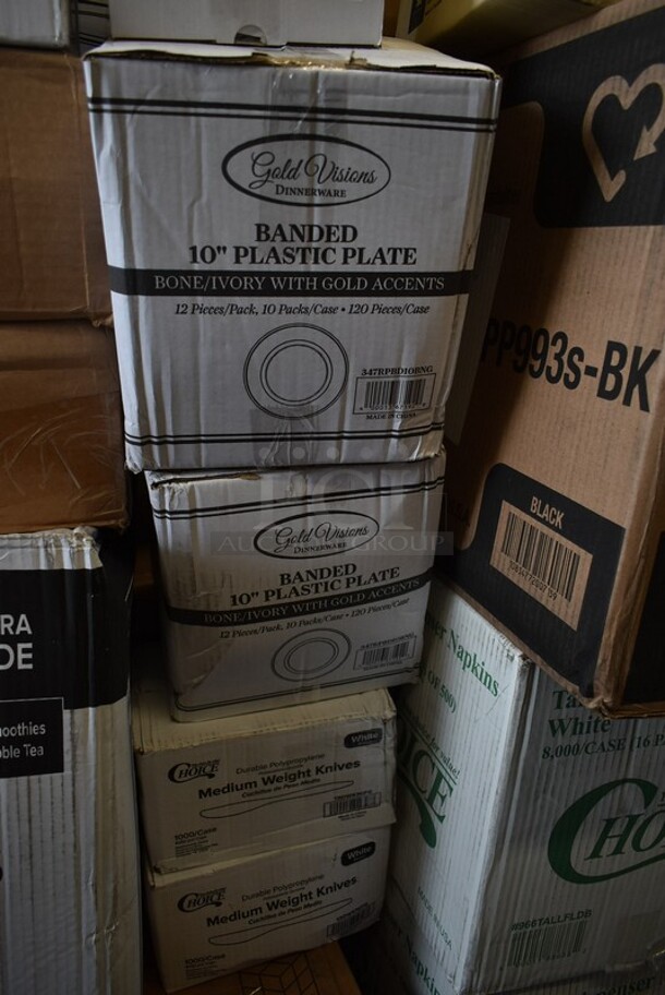 PALLET LOT of 38 BRAND NEW! Boxes Including 2001RT800N Lavex Hardwound Towels, 5080-L Fineline 5080-L Super Bowl Clear PET Plastic Dome Lid for 64 to 80 oz. Bowls - 25/Case, Choice 2 oz Portion Cups, 5014046XXH Lavex Pro 45 Gallon 3 Mil 40" x 46" Low Density Heavy-Duty Industrial Contractor Black Trash Bag / Can Liner - 50/Case, 485WB9NEONW Choice 9" Neon Extra Wide Pointed Wrapped Boba Straw - 1600/Case, 2 Box 347RPBD10BNG PLATE 10" BN/GLD BAND 120 GOLD VISIONS, 2 Box 130WKNIFE Choice 6 1/2" Medium Weight White Plastic Knife - 1000/Case, 2 Box 966TALLFLDB Choice White Tall-Fold 6" x 13" Dispenser Napkin - 8000/Case, CS-6101-W  20 oz. White Siciliano Bowl - 12/Case, 55035132574 Glisten 11.25 oz. Matte Black Longdrink / Collins Glass - 6/Pack, 8 Box 130SERVSP8BK Choice 8 1/2" Black Disposable Plastic Serving Spoon - 72/Case, 2 Box 612LOB15SHCO Choice 1 1/2 lb. Shallow Oblong Foil Container with Board Lid - 250/Case, 4 Box Choice 0.75 oz Portion Cups, 2 Box Bakers Mark 4 oz Round Foil Ramekins. 38 Times Your Bid! - Image 3 of 12