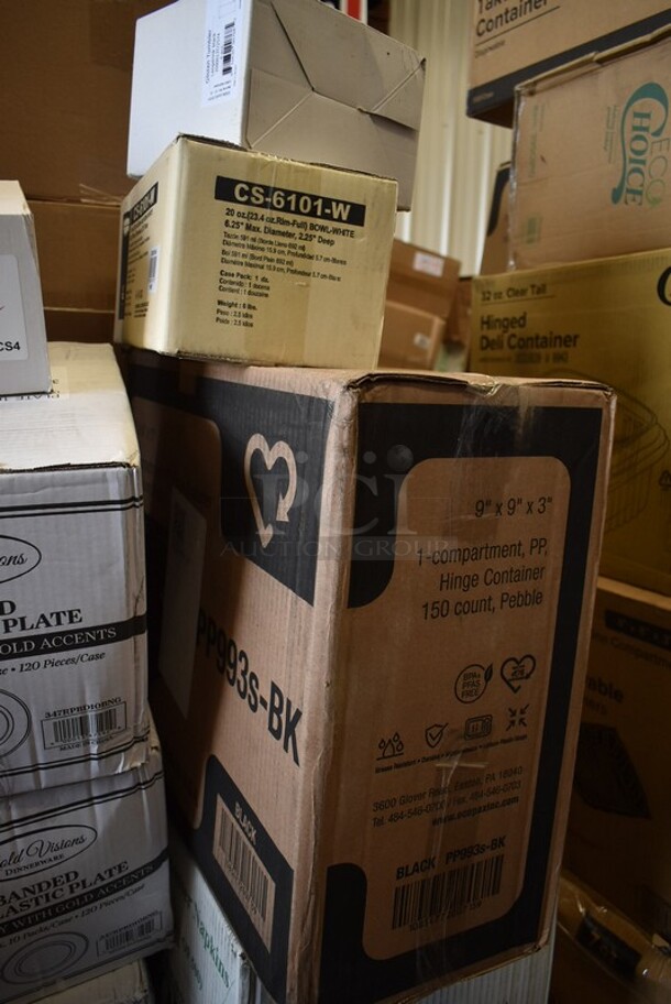 PALLET LOT of 38 BRAND NEW! Boxes Including 2001RT800N Lavex Hardwound Towels, 5080-L Fineline 5080-L Super Bowl Clear PET Plastic Dome Lid for 64 to 80 oz. Bowls - 25/Case, Choice 2 oz Portion Cups, 5014046XXH Lavex Pro 45 Gallon 3 Mil 40" x 46" Low Density Heavy-Duty Industrial Contractor Black Trash Bag / Can Liner - 50/Case, 485WB9NEONW Choice 9" Neon Extra Wide Pointed Wrapped Boba Straw - 1600/Case, 2 Box 347RPBD10BNG PLATE 10" BN/GLD BAND 120 GOLD VISIONS, 2 Box 130WKNIFE Choice 6 1/2" Medium Weight White Plastic Knife - 1000/Case, 2 Box 966TALLFLDB Choice White Tall-Fold 6" x 13" Dispenser Napkin - 8000/Case, CS-6101-W  20 oz. White Siciliano Bowl - 12/Case, 55035132574 Glisten 11.25 oz. Matte Black Longdrink / Collins Glass - 6/Pack, 8 Box 130SERVSP8BK Choice 8 1/2" Black Disposable Plastic Serving Spoon - 72/Case, 2 Box 612LOB15SHCO Choice 1 1/2 lb. Shallow Oblong Foil Container with Board Lid - 250/Case, 4 Box Choice 0.75 oz Portion Cups, 2 Box Bakers Mark 4 oz Round Foil Ramekins. 38 Times Your Bid! - Image 5 of 12