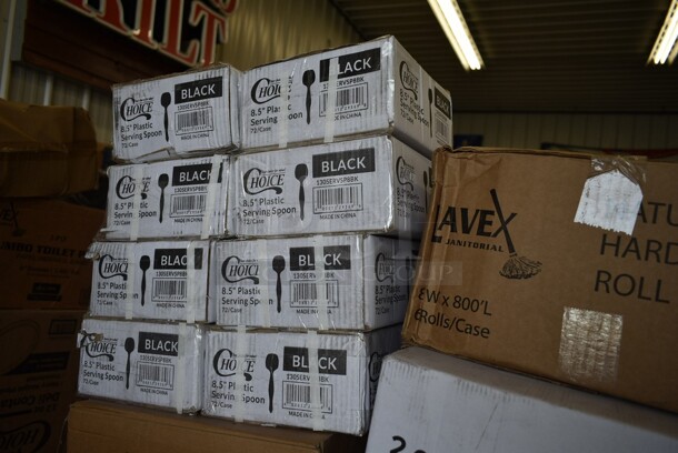 PALLET LOT of 38 BRAND NEW! Boxes Including 2001RT800N Lavex Hardwound Towels, 5080-L Fineline 5080-L Super Bowl Clear PET Plastic Dome Lid for 64 to 80 oz. Bowls - 25/Case, Choice 2 oz Portion Cups, 5014046XXH Lavex Pro 45 Gallon 3 Mil 40" x 46" Low Density Heavy-Duty Industrial Contractor Black Trash Bag / Can Liner - 50/Case, 485WB9NEONW Choice 9" Neon Extra Wide Pointed Wrapped Boba Straw - 1600/Case, 2 Box 347RPBD10BNG PLATE 10" BN/GLD BAND 120 GOLD VISIONS, 2 Box 130WKNIFE Choice 6 1/2" Medium Weight White Plastic Knife - 1000/Case, 2 Box 966TALLFLDB Choice White Tall-Fold 6" x 13" Dispenser Napkin - 8000/Case, CS-6101-W  20 oz. White Siciliano Bowl - 12/Case, 55035132574 Glisten 11.25 oz. Matte Black Longdrink / Collins Glass - 6/Pack, 8 Box 130SERVSP8BK Choice 8 1/2" Black Disposable Plastic Serving Spoon - 72/Case, 2 Box 612LOB15SHCO Choice 1 1/2 lb. Shallow Oblong Foil Container with Board Lid - 250/Case, 4 Box Choice 0.75 oz Portion Cups, 2 Box Bakers Mark 4 oz Round Foil Ramekins. 38 Times Your Bid! - Image 8 of 12