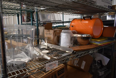 ALL ONE MONEY! Tier Lot of Various Items Including 177PD3G5 Avantco 177PD3G5 3 Gallon Bowl for D3G Series Refrigerated Beverage Dispensers, 5 Vollrath 6414215 Jacob's Pride 14" Heavy-Duty Perforated Basting Spoon with White Ergo Grip Handle, 407BTH6 Choice Six Hole Squeeze Bottle Holder for 1/3 Size Pans, Pampered Chef Electric Milk Frother, Cutting Boards, Fryclone Orange Bin. 