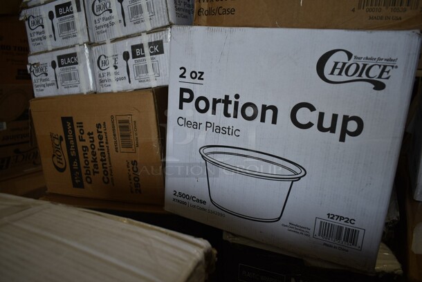 PALLET LOT of 38 BRAND NEW! Boxes Including 2001RT800N Lavex Hardwound Towels, 5080-L Fineline 5080-L Super Bowl Clear PET Plastic Dome Lid for 64 to 80 oz. Bowls - 25/Case, Choice 2 oz Portion Cups, 5014046XXH Lavex Pro 45 Gallon 3 Mil 40" x 46" Low Density Heavy-Duty Industrial Contractor Black Trash Bag / Can Liner - 50/Case, 485WB9NEONW Choice 9" Neon Extra Wide Pointed Wrapped Boba Straw - 1600/Case, 2 Box 347RPBD10BNG PLATE 10" BN/GLD BAND 120 GOLD VISIONS, 2 Box 130WKNIFE Choice 6 1/2" Medium Weight White Plastic Knife - 1000/Case, 2 Box 966TALLFLDB Choice White Tall-Fold 6" x 13" Dispenser Napkin - 8000/Case, CS-6101-W  20 oz. White Siciliano Bowl - 12/Case, 55035132574 Glisten 11.25 oz. Matte Black Longdrink / Collins Glass - 6/Pack, 8 Box 130SERVSP8BK Choice 8 1/2" Black Disposable Plastic Serving Spoon - 72/Case, 2 Box 612LOB15SHCO Choice 1 1/2 lb. Shallow Oblong Foil Container with Board Lid - 250/Case, 4 Box Choice 0.75 oz Portion Cups, 2 Box Bakers Mark 4 oz Round Foil Ramekins. 38 Times Your Bid! - Image 9 of 12