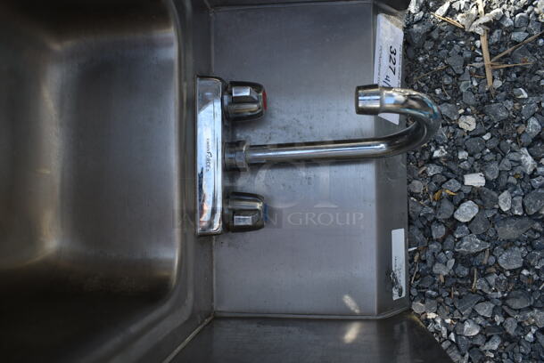 Stainless Steel Commercial Single Bay Wall Mount Sink w/ Side Splash Guards, Faucet and Handles.  - Image 4 of 5