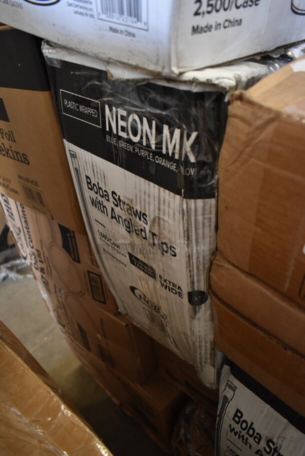 PALLET LOT of 38 BRAND NEW! Boxes Including 2001RT800N Lavex Hardwound Towels, 5080-L Fineline 5080-L Super Bowl Clear PET Plastic Dome Lid for 64 to 80 oz. Bowls - 25/Case, Choice 2 oz Portion Cups, 5014046XXH Lavex Pro 45 Gallon 3 Mil 40" x 46" Low Density Heavy-Duty Industrial Contractor Black Trash Bag / Can Liner - 50/Case, 485WB9NEONW Choice 9" Neon Extra Wide Pointed Wrapped Boba Straw - 1600/Case, 2 Box 347RPBD10BNG PLATE 10" BN/GLD BAND 120 GOLD VISIONS, 2 Box 130WKNIFE Choice 6 1/2" Medium Weight White Plastic Knife - 1000/Case, 2 Box 966TALLFLDB Choice White Tall-Fold 6" x 13" Dispenser Napkin - 8000/Case, CS-6101-W  20 oz. White Siciliano Bowl - 12/Case, 55035132574 Glisten 11.25 oz. Matte Black Longdrink / Collins Glass - 6/Pack, 8 Box 130SERVSP8BK Choice 8 1/2" Black Disposable Plastic Serving Spoon - 72/Case, 2 Box 612LOB15SHCO Choice 1 1/2 lb. Shallow Oblong Foil Container with Board Lid - 250/Case, 4 Box Choice 0.75 oz Portion Cups, 2 Box Bakers Mark 4 oz Round Foil Ramekins. 38 Times Your Bid! - Image 10 of 12