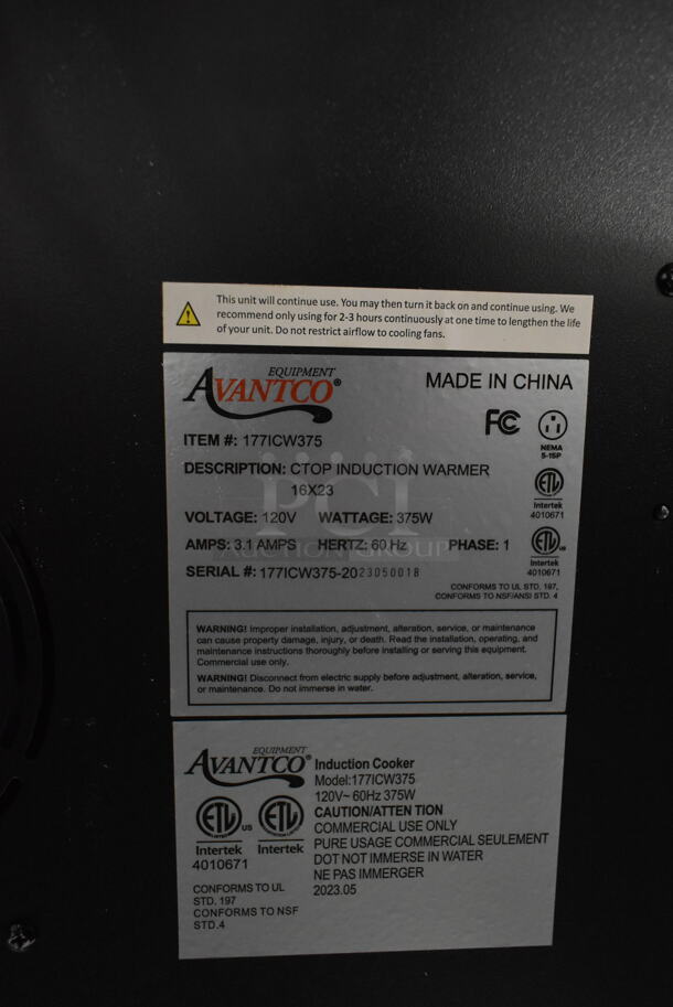 Avantco 177ICW375 Stainless Steel Commercial Countertop 16" x 23" Black Countertop Induction Warmer. 120 Volts, 1 Phase. - Image 4 of 4