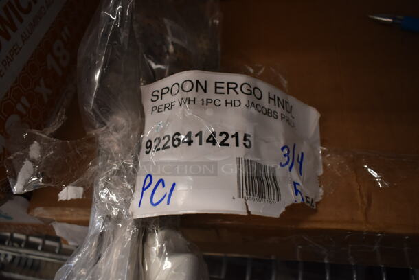 ALL ONE MONEY! Tier Lot of Various Items Including 177PD3G5 Avantco 177PD3G5 3 Gallon Bowl for D3G Series Refrigerated Beverage Dispensers, 5 Vollrath 6414215 Jacob's Pride 14" Heavy-Duty Perforated Basting Spoon with White Ergo Grip Handle, 407BTH6 Choice Six Hole Squeeze Bottle Holder for 1/3 Size Pans, Pampered Chef Electric Milk Frother, Cutting Boards, Fryclone Orange Bin.  - Image 5 of 11