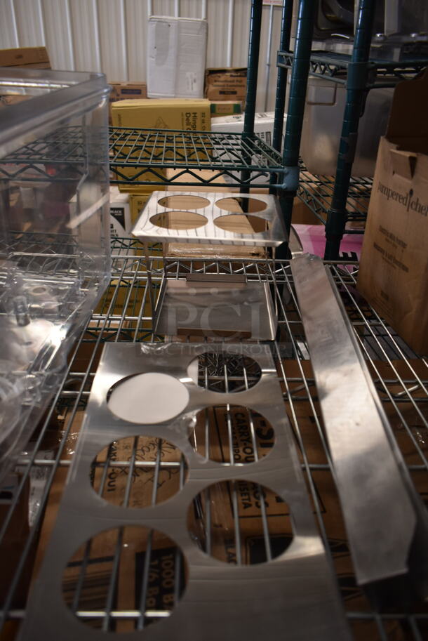 ALL ONE MONEY! Tier Lot of Various Items Including 177PD3G5 Avantco 177PD3G5 3 Gallon Bowl for D3G Series Refrigerated Beverage Dispensers, 5 Vollrath 6414215 Jacob's Pride 14" Heavy-Duty Perforated Basting Spoon with White Ergo Grip Handle, 407BTH6 Choice Six Hole Squeeze Bottle Holder for 1/3 Size Pans, Pampered Chef Electric Milk Frother, Cutting Boards, Fryclone Orange Bin.  - Image 6 of 11