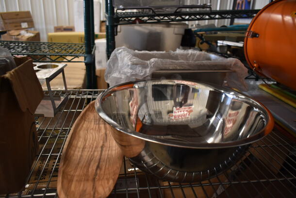 ALL ONE MONEY! Tier Lot of Various Items Including 177PD3G5 Avantco 177PD3G5 3 Gallon Bowl for D3G Series Refrigerated Beverage Dispensers, 5 Vollrath 6414215 Jacob's Pride 14" Heavy-Duty Perforated Basting Spoon with White Ergo Grip Handle, 407BTH6 Choice Six Hole Squeeze Bottle Holder for 1/3 Size Pans, Pampered Chef Electric Milk Frother, Cutting Boards, Fryclone Orange Bin.  - Image 9 of 11