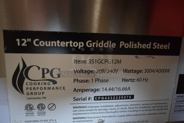 BRAND NEW SCRATCH AND DENT! Cooking Performance Group CPG 351GCPG12M Stainless Steel Commercial Countertop Electric Powered Flat Top Griddle. 208/240 Volts, 1 Phase.  - Image 6 of 6