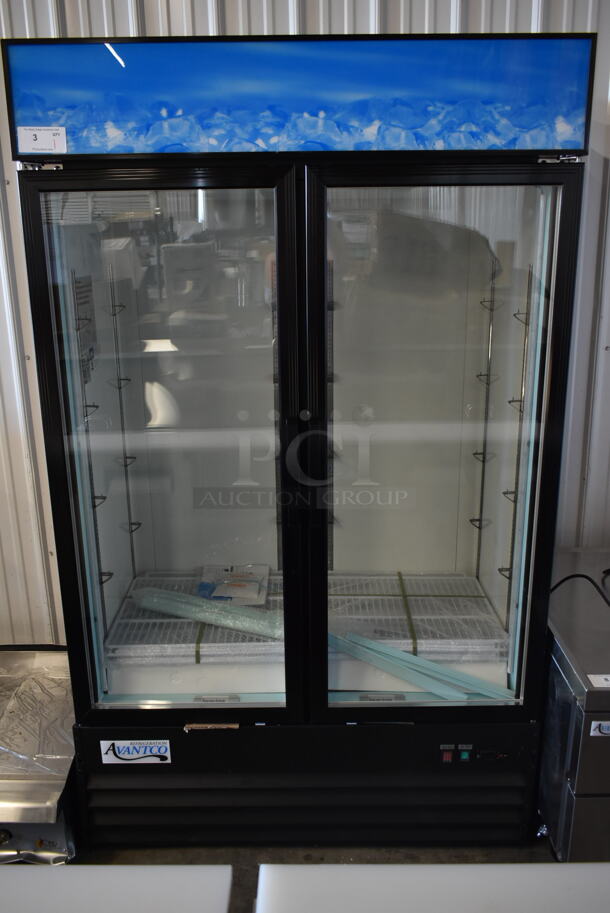 BRAND NEW SCRATCH AND DENT! 2023 Avantco 178GDC40HCB Metal Commercial 2 Door Reach In Cooler Merchandiser w/ Poly Coated Racks and LED Lighting. 115 Volts, 1 Phase. Tested and Working! - Image 2 of 6