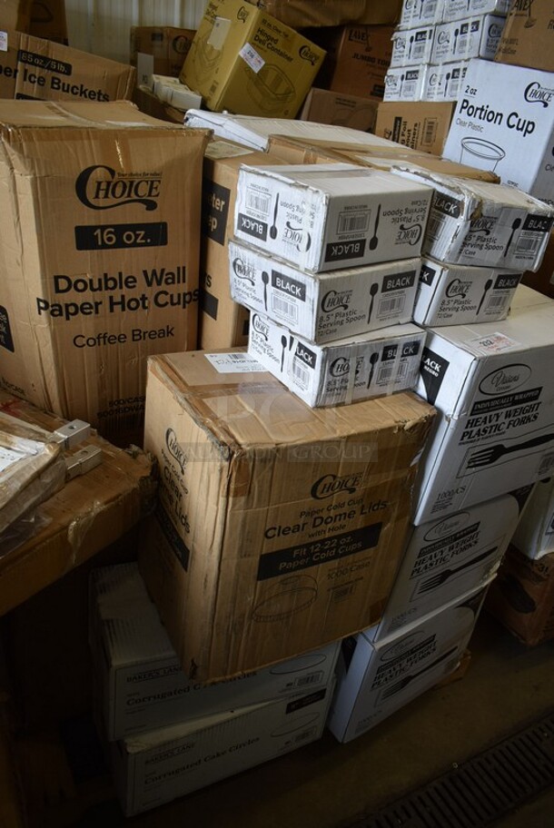 PALLET LOT of 22 BRAND NEW! Boxes Including 5 Box 130SERVSP8BK Choice 8 1/2" Black Disposable Plastic Serving Spoon - 72/Case, 360DOMELID16 Clear Dome Lids, 3 Box 130HBKCUTFW Visions Individually Wrapped Black Heavy Weight Plastic Fork - 1000/Case, 2 Box 245CCGR9BL CAKE CIRCLE 9" CORR 100 GREASE RESISTANT, Choice Double Wall Paper Hot Cups, 164GS605BBKS Lancaster Table & Seating Black Vinyl Bar Stool Seat, 164CUSHWDVIN Lancaster Table & Seating Vintage Finish Wood Seat for Wood Frame Chairs and Bar Stools, 795PTOBK3 Choice 7 3/4" x 5 1/2" x 2 1/2" Black Microwavable Folded Paper #3 Take-Out Container - 200/Case, 612527HD Choice 7" Round Heavy Weight Foil Take-Out Pan - 500/Case. 22 Times Your Bid! - Image 1 of 9